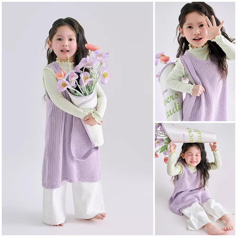 儿童摄影服装紫色春天主题影楼写真手捧花毛衣小童艺术照影楼写真