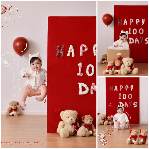 圣诞百天小熊主题白色哈衣