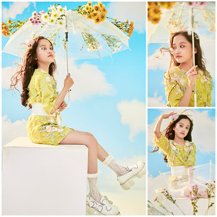 新款儿童摄影服装演出服时尚女童拍照黄色连衣裙小清新影楼艺术照