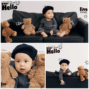 儿童摄影服装黑色纪实风小熊主题拍照衣服道具百天-2岁宝宝写真照