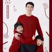 新年四口拍照毛衣影楼拍摄主题套装 大红色针织全家福摄影服装 冬季