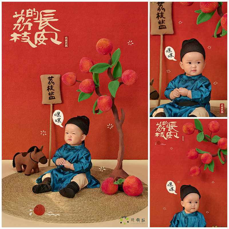 蓝色连体汉服周岁宝宝拍照衣服