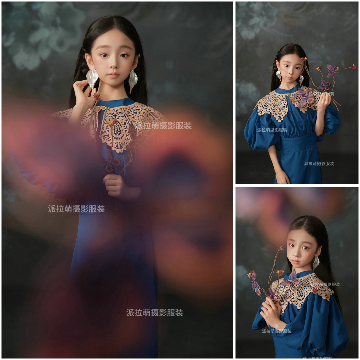 儿童摄影大女孩肖像服装艺术照清冷风写真优雅风蓝色泡泡袖连衣裙