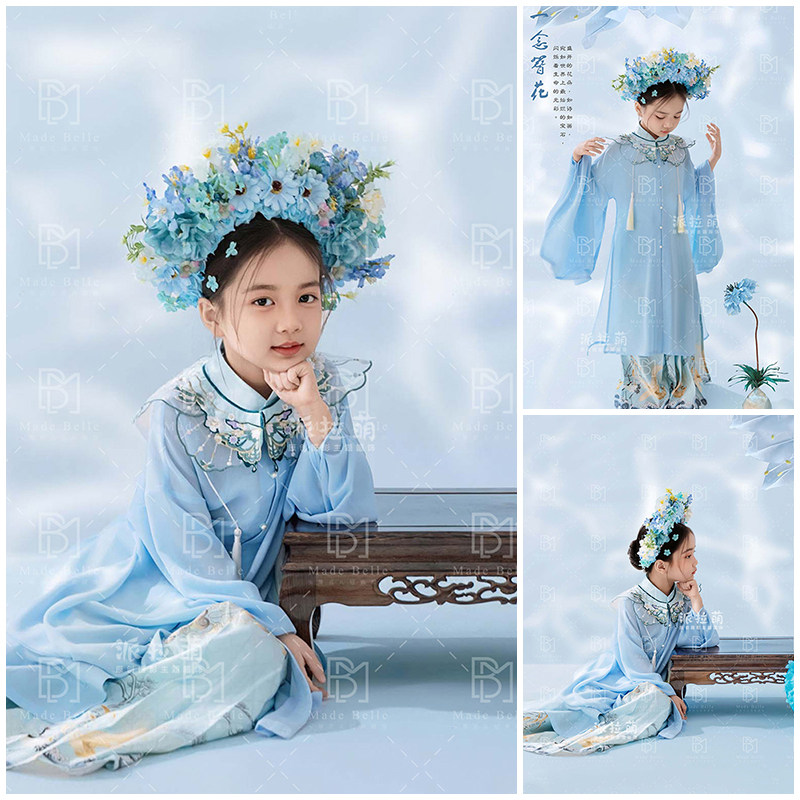 儿童摄影服装中国风蓝色簪花主题亲子装拍照衣服影楼写真艺术照