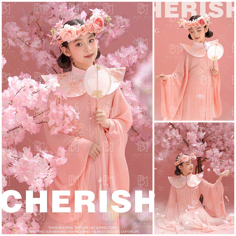 女童拍照衣服粉红色簪花艺术照