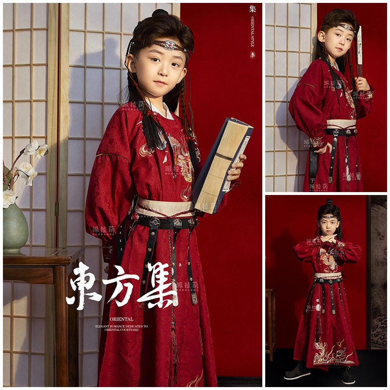 儿童摄影服装男童演出服红色汉服古装走秀古风侠士影楼写真艺术照
