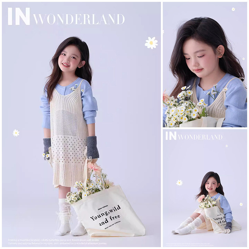 儿童摄影服装约在春天主题清新蓝色女孩艺术照拍照衣服影楼写真照