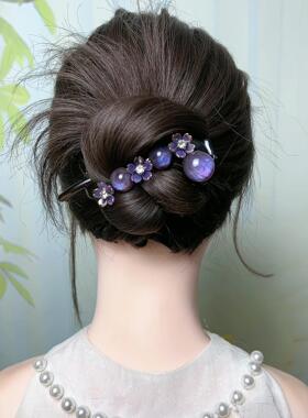 2025新款紫色炫彩珠珠花朵扭扭夹女高级感后脑勺懒人盘发器夹子