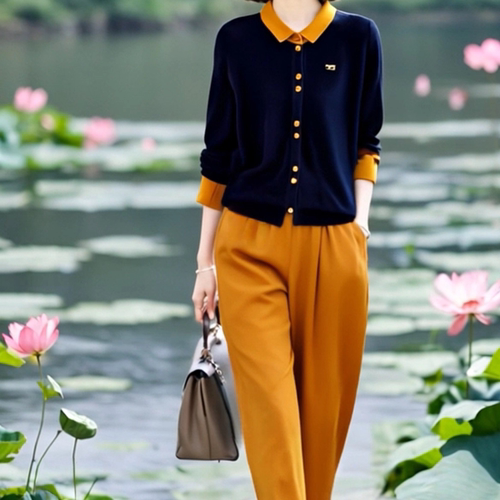 素雅订制女装原创品牌2025早秋新款时尚翻领上衣松紧腰九分裤套装