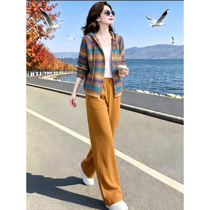 素雅订制女装原创品牌秋季新款毛衣外套宽松洋气上衣松紧裤子套装