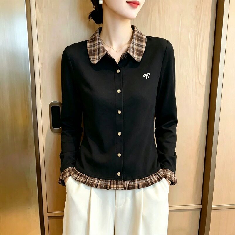 素雅订制女装原创品牌假两件针织衬衫翻领衬衣格子拼接木耳边上衣