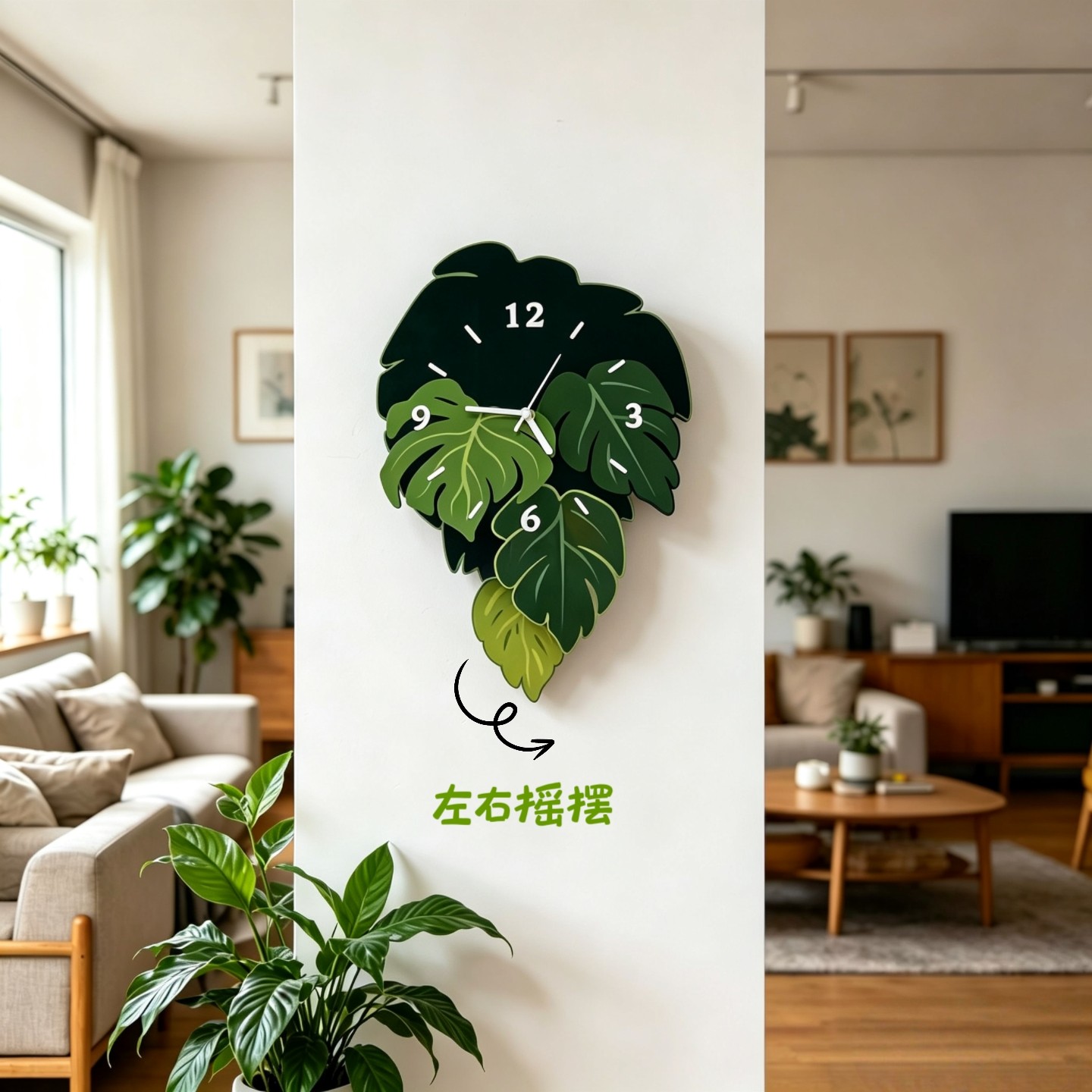 创意龟背竹挂钟摆件叶片可摇摆