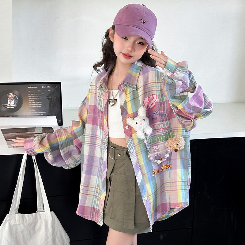 女童格子衬衫春装2025新客女大童中长款慵懒风薄外套女孩春秋上衣