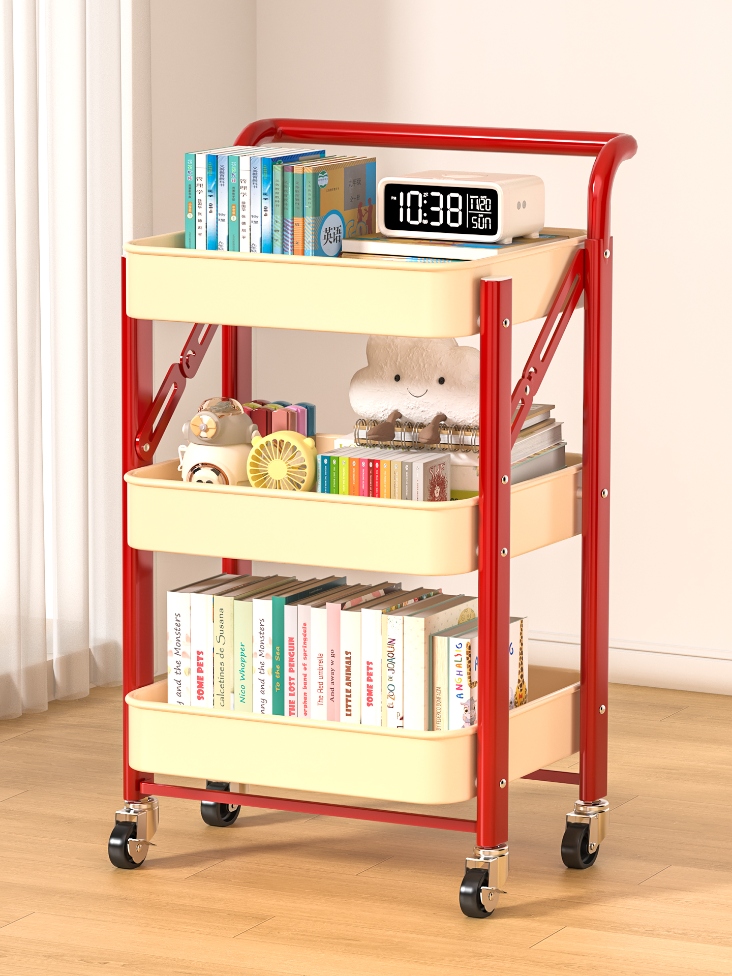 多巴胺书包置物架可移动小推车落地家用客厅多层可折叠书本收纳架