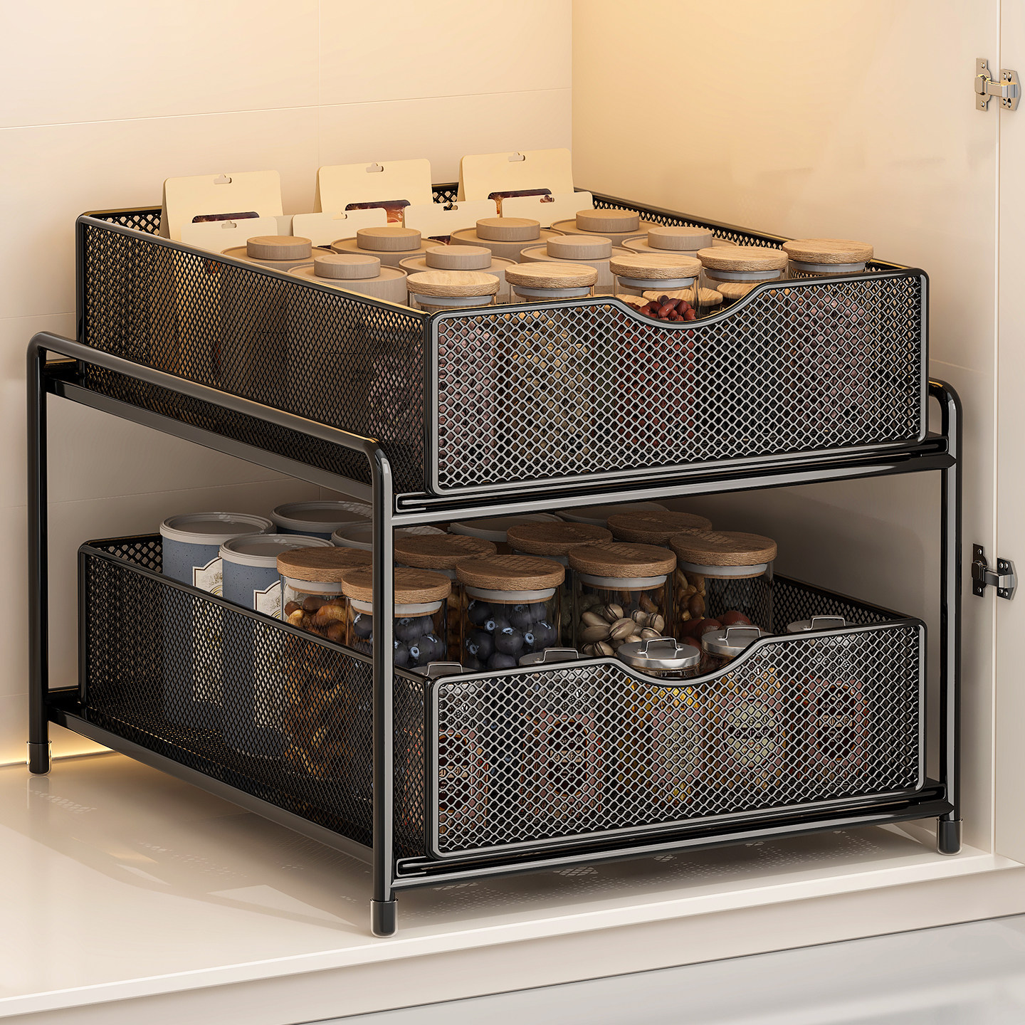 抽拉式置物架橱柜内分层架子厨房多功能调料收纳盒深柜内抽屉拉篮