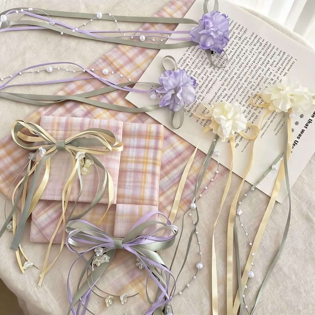 汉服头饰长飘带对夹超仙古风汉服发饰花朵蝴蝶结丝带飘带珠珠对夹