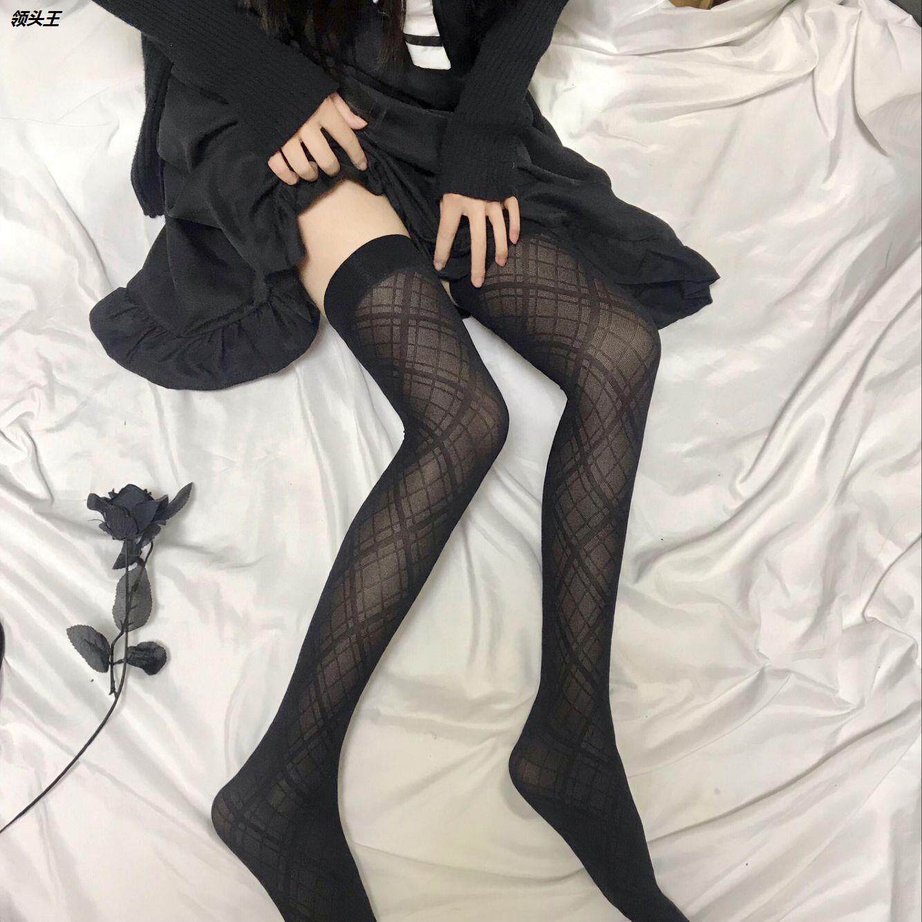 春夏暗纹菱形格过膝长筒袜网红大菱形格纹大腿袜日系jk提花黑定制