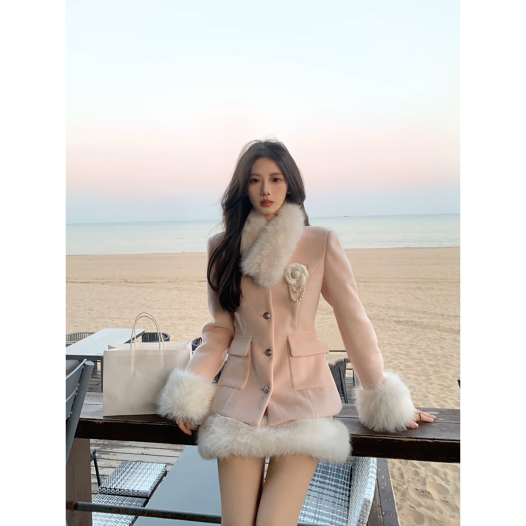 一颗甜桃yikett《樱花祈雪》粉色长袖小香外套上衣女+半身裙套装