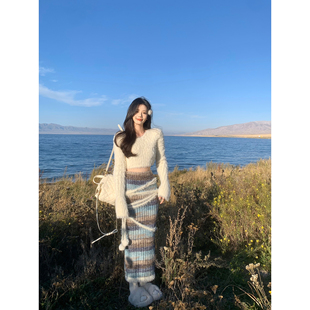 长袖 短款 仿貂绒针织上衣针织半身裙女 柏林之恋 一颗甜桃yikett
