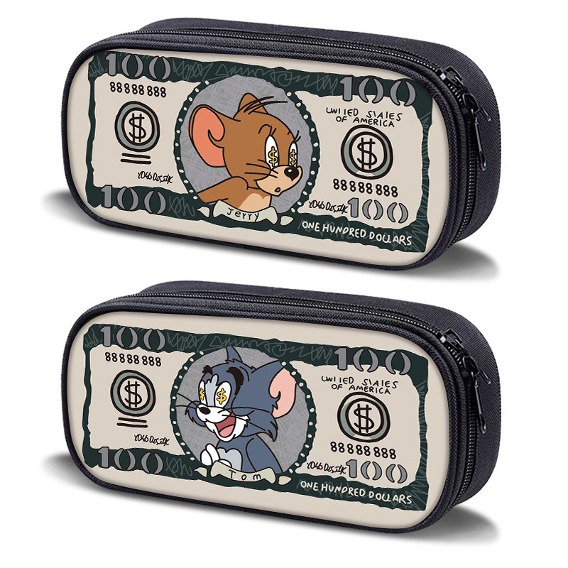 卡通美元帆布多功能笔袋猫和老鼠多层大容量大学高中生文具盒初中生小