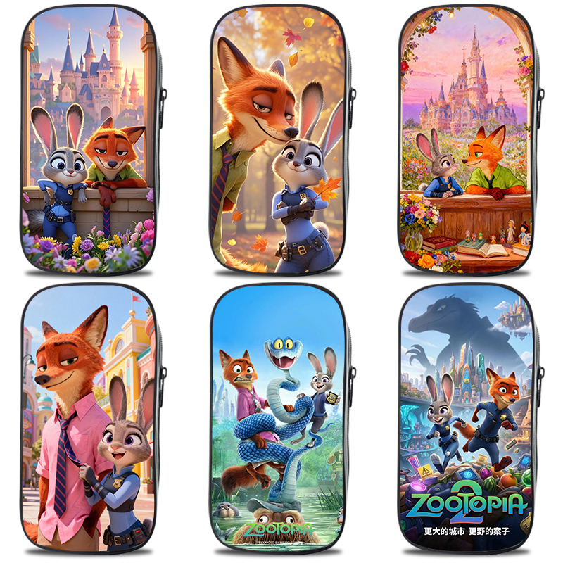 疯狂动物城2朱迪尼克笔袋文具盒男孩女孩大容量多层文具袋狐狸和兔子卡通动漫创意帆布印花铅笔袋学生收纳袋