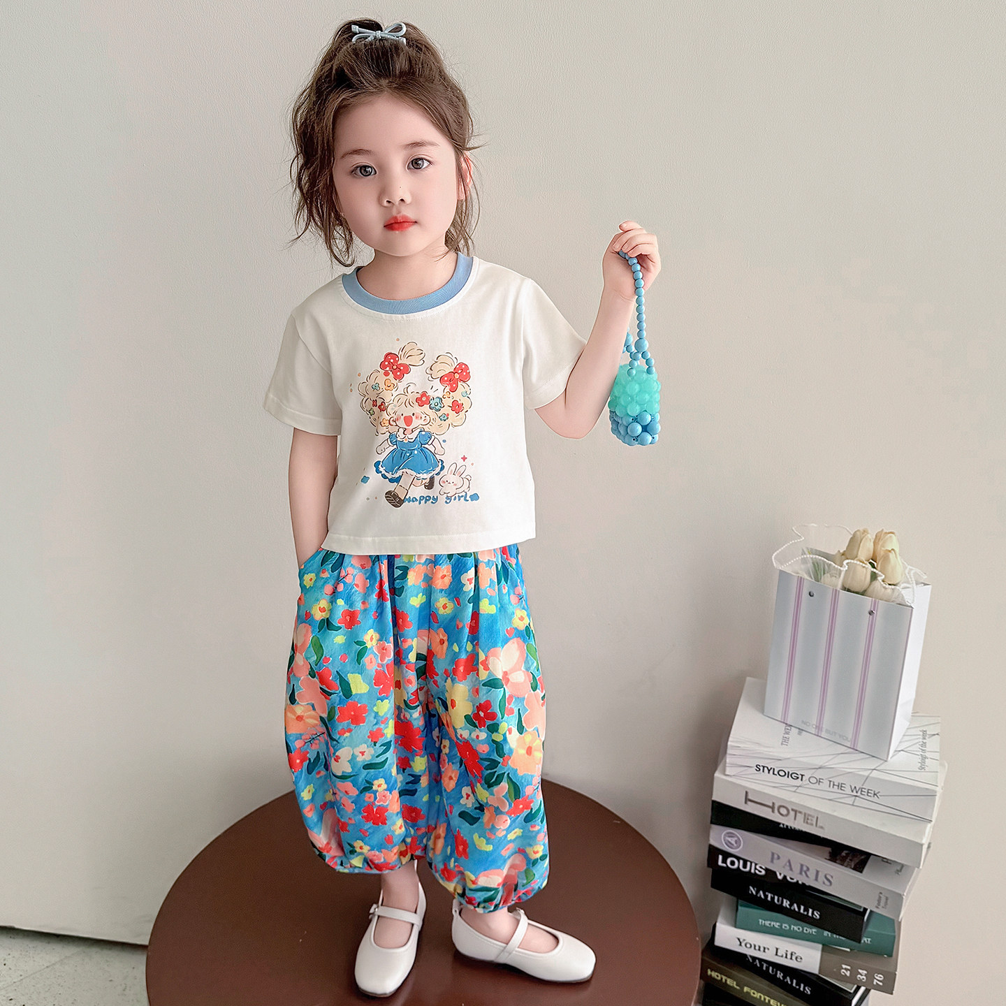 女童短袖套装夏季2026新款儿童洋气碎花防蚊裤夏装女宝宝运动衣服