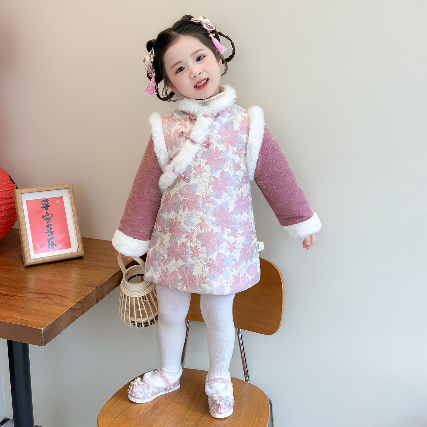 女童拜年服加绒旗袍裙冬装年服