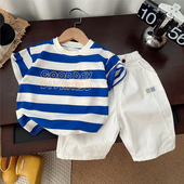 2025新款 洋气男孩宝宝衣服潮儿童两件套 套装 男童夏季 英文条子短袖