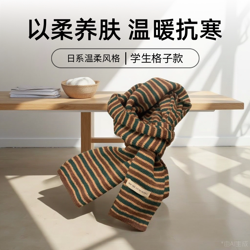 日系彩虹流苏加厚保暖格子围巾