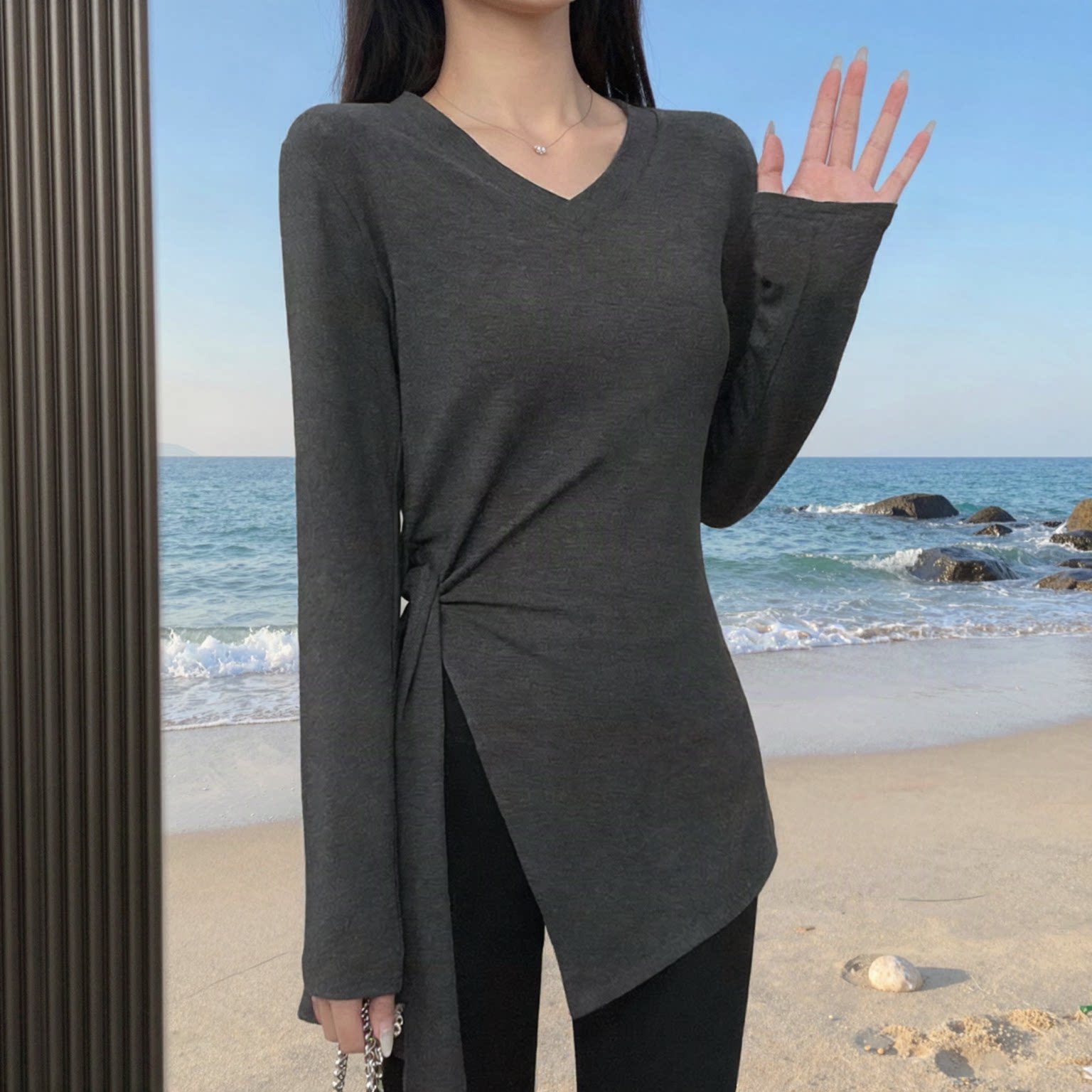 瑜伽裤配搭遮臀绑带长袖T恤女