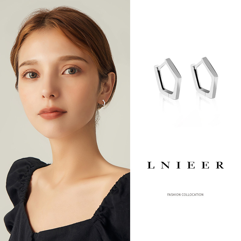 纯银五边形耳钉女小耳圈睡觉不用摘耳扣简约养耳洞耳环几何耳饰品