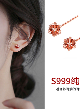 999纯银安可拉红色孔明锁耳钉女养耳洞本命年耳环2026马新年耳饰