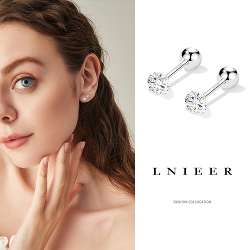 防掉纯银钻石小耳环螺丝拧扣免摘