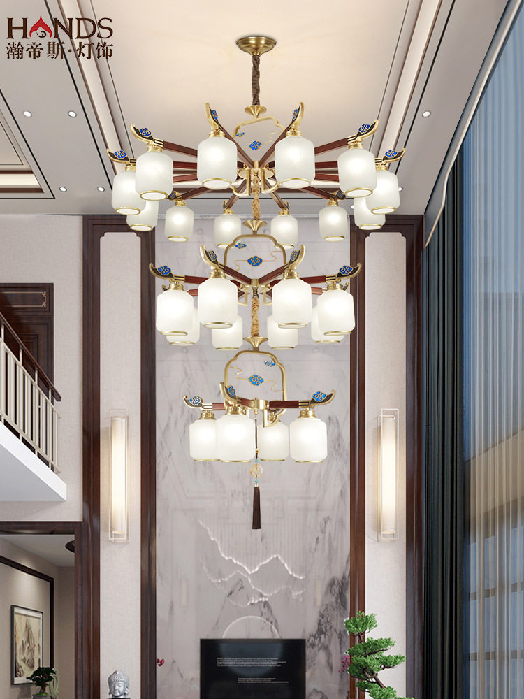 复式楼大吊灯新中式全铜实木风别墅挑空跃层楼中楼梯客厅长灯