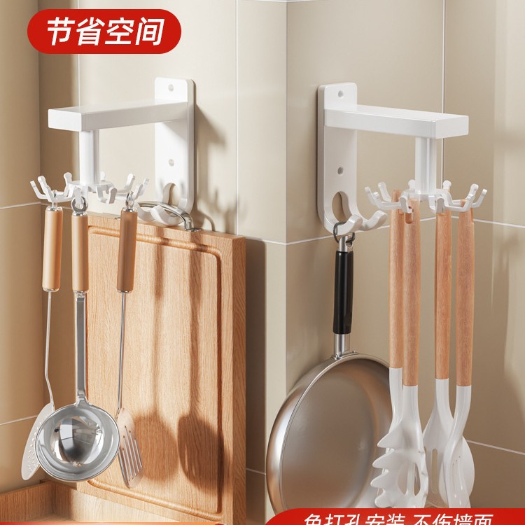 厨房旋转挂钩置物架免打孔挂勺子铲子挂架壁挂式收纳锅铲菜板架子