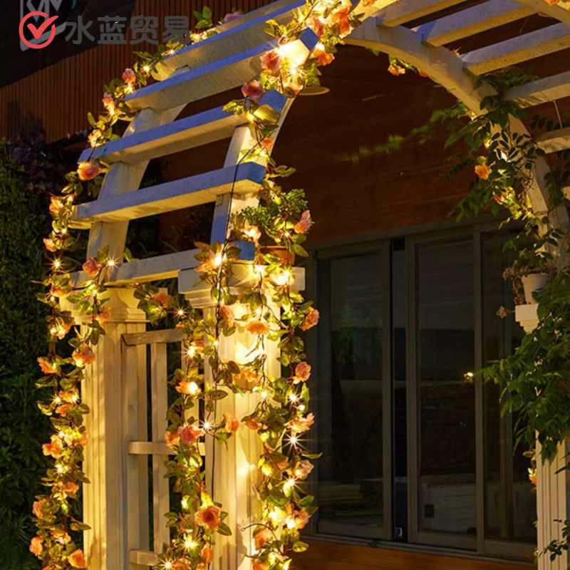 太阳能户外灯玫瑰花灯串仿真花藤庭院花园栅栏装饰阳台栏杆氛围