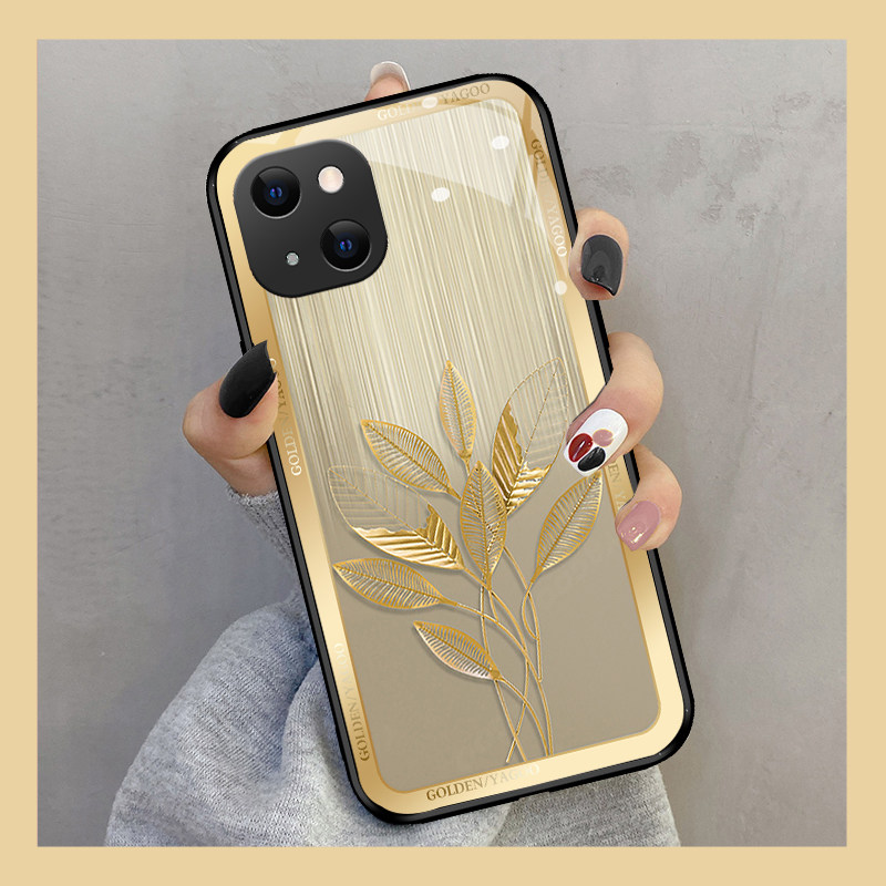 金箔梨花叶适用苹果16Pro手机壳iphone13mini新款12玻璃15潮xs max高级xr时尚x小众8女7硅胶防摔6splus保护套