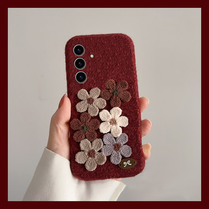 ins风酒红花朵适用三星s25edge手机壳s24plus秋冬s23ultra立体s22+毛绒s21fe复古note20高级感s10毛茸茸十女p