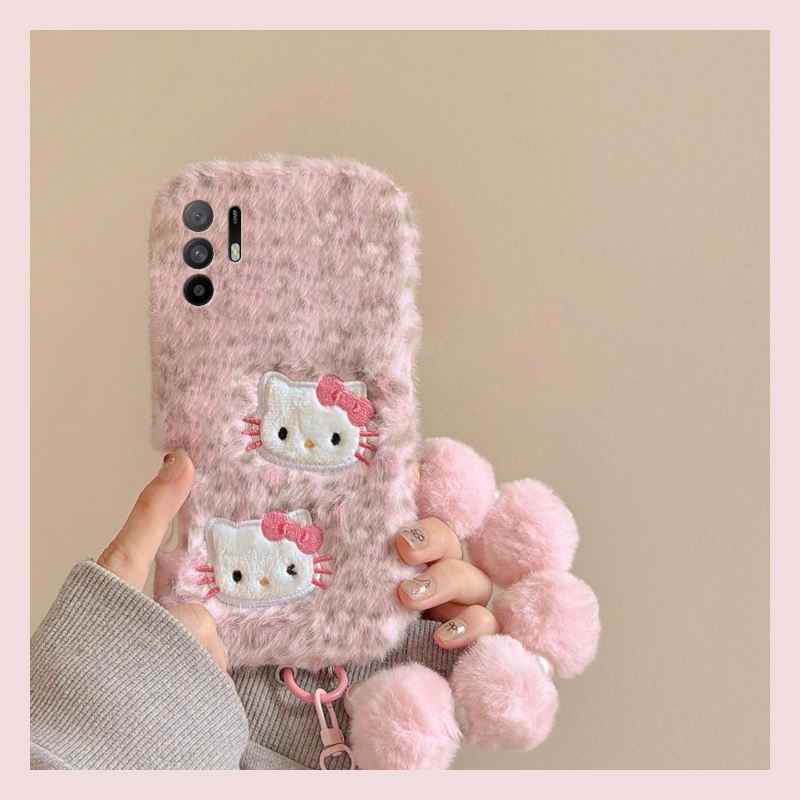 手机壳秋冬毛绒豹纹刺绣KT猫带挂件手链