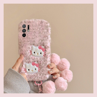 适用oppoa3手机壳a5pro活力版a96毛绒a6max豹纹kt猫a9带a55挂链a58秋冬a11x凯蒂猫a56粉色a72少女心a53毛茸茸