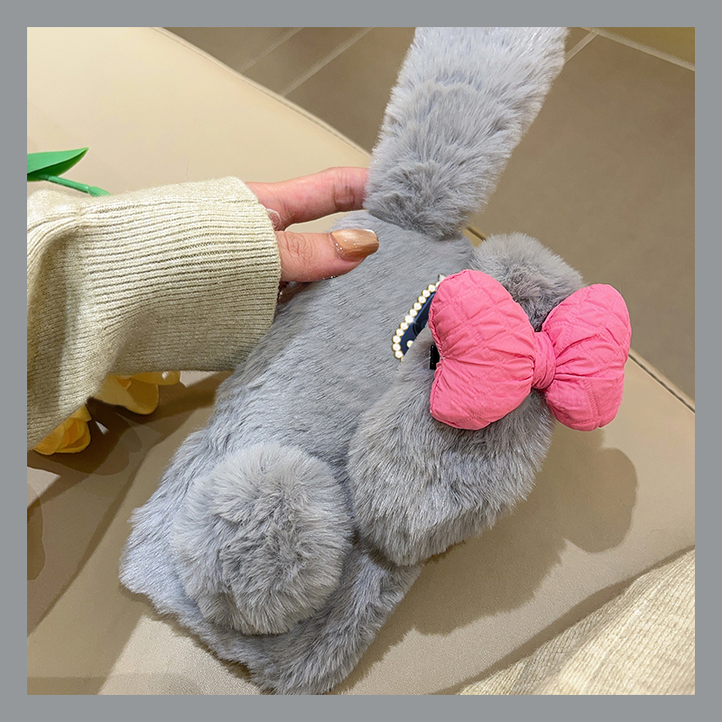 手机壳秋冬毛绒立体卡通蝴蝶结兔子耳朵