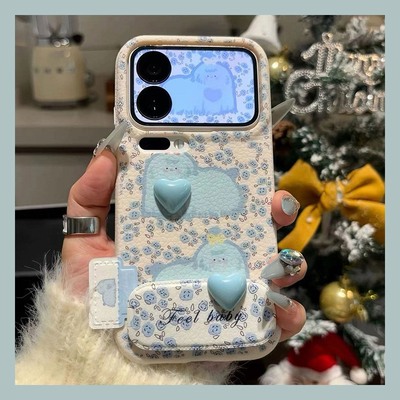 手机壳卡通碎花小狗爱心镜子支架