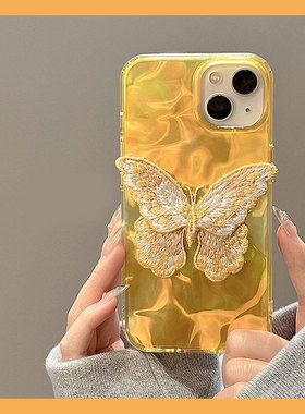 适用苹果16手机壳小米15华为pura70立体mate60pro刺绣nova13荣耀300蝴蝶vivos20韩系x200黄色opporeno13镭射p