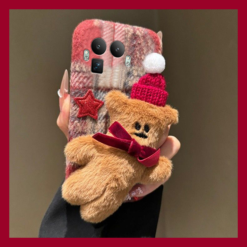 手机壳秋冬绒布立体卡通毛茸茸圣诞帽子小熊