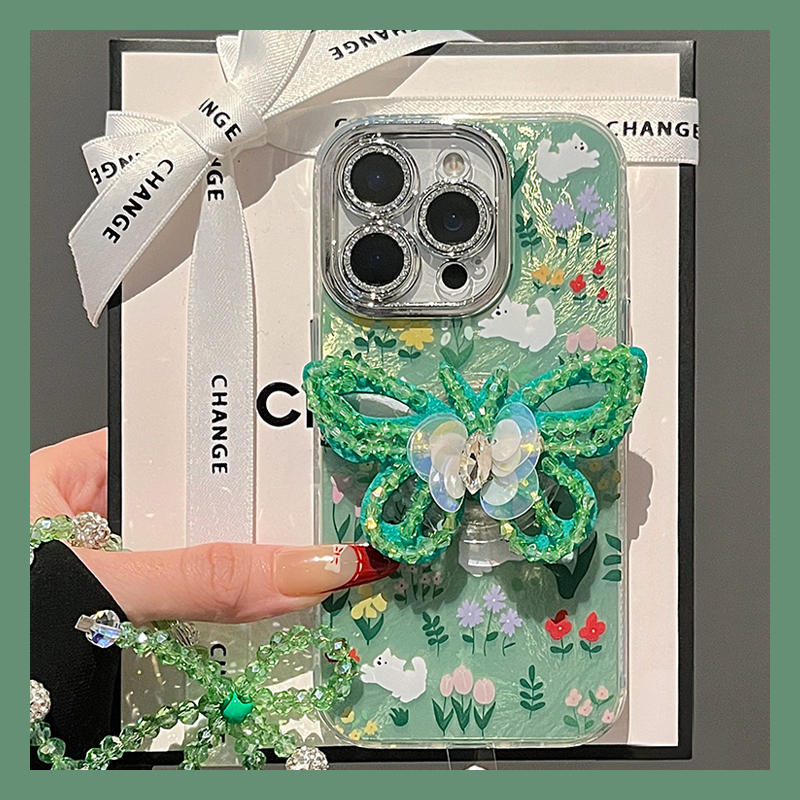 手机壳硅胶羽纱韩系绿色小清新立体蝴蝶支架