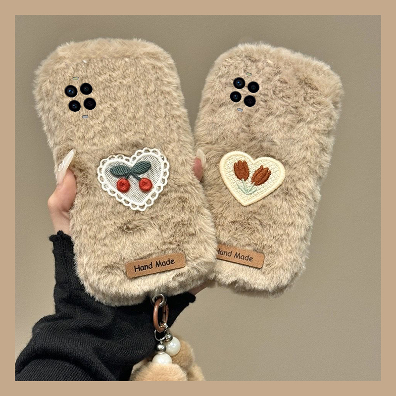 手机壳秋冬毛绒刺绣爱心樱桃郁金香花朵手链