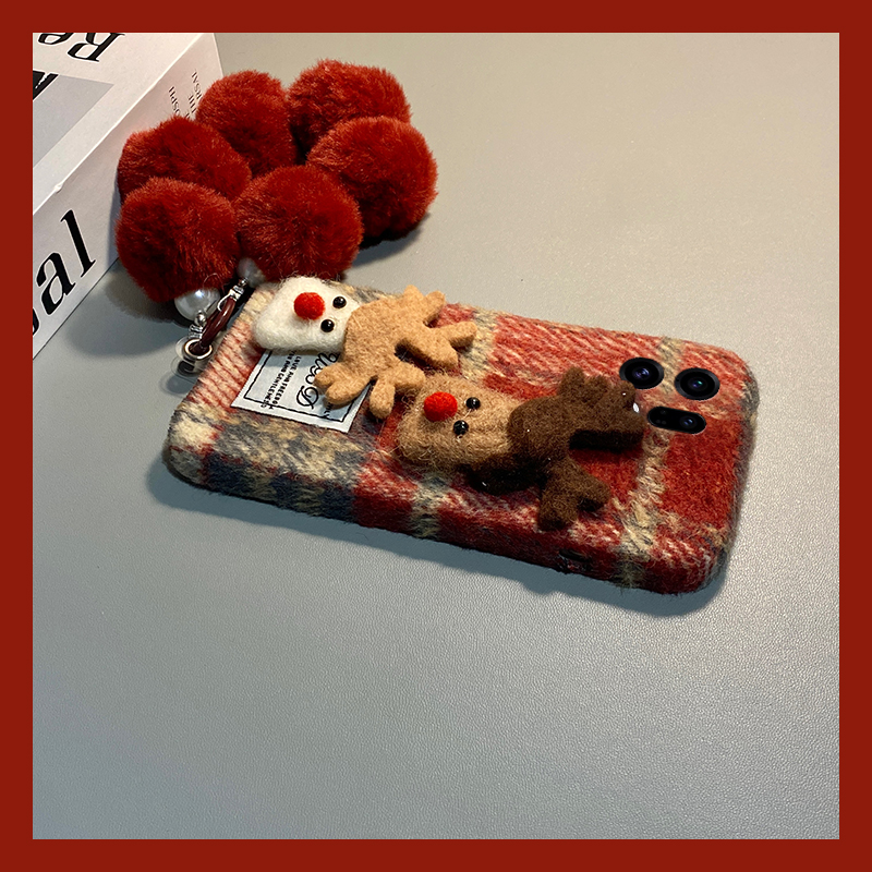 手机壳秋冬绒布红色格子卡通圣诞麋鹿带手链