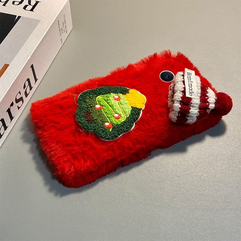手机壳秋冬毛绒红色圣诞树帽子