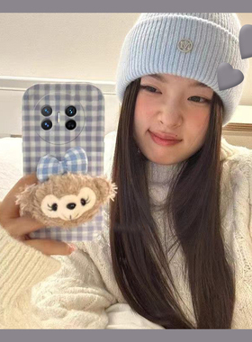 毛绒蝴蝶结达菲熊适用华为purax手机壳pocket2蓝色magicvs3格子matex6折叠屏novaflip秋冬xs2绒布p50pocket女