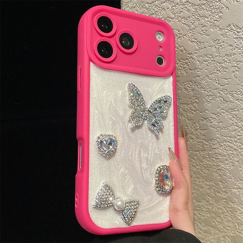 爱心宝石蝴蝶适用oppok13turbo手机壳k13x立体k12s带k11挂链k10活力版水钻k9s钻石k9pro滴胶k7x/k1玫红色oppo